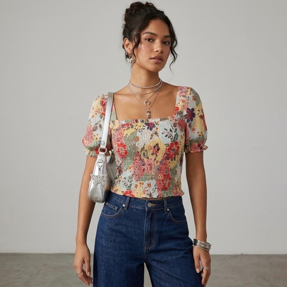 Monteau LA Floral Patchwork Smocked Top Puff Sleeve Medium Cottagecore Milkmaid